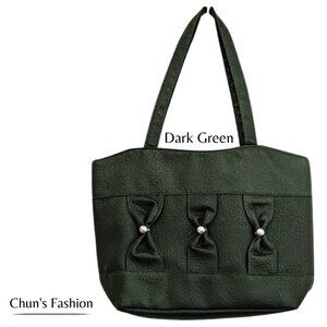 Women Vegan Dark Green Faux Leather Medium Bag w/ Bows & Silver-Toned Studs NWT